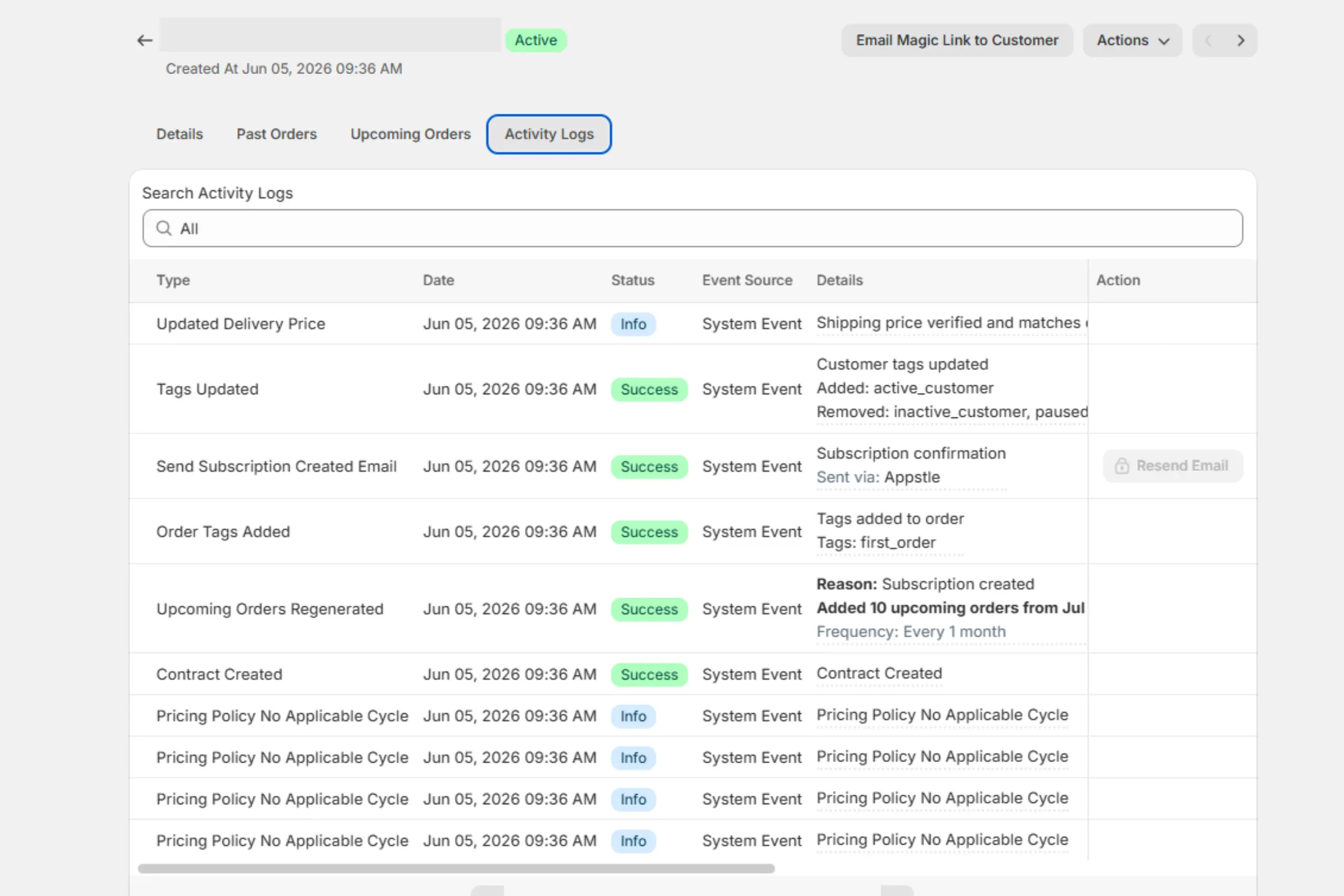 How Appstle's customer activity log looks like