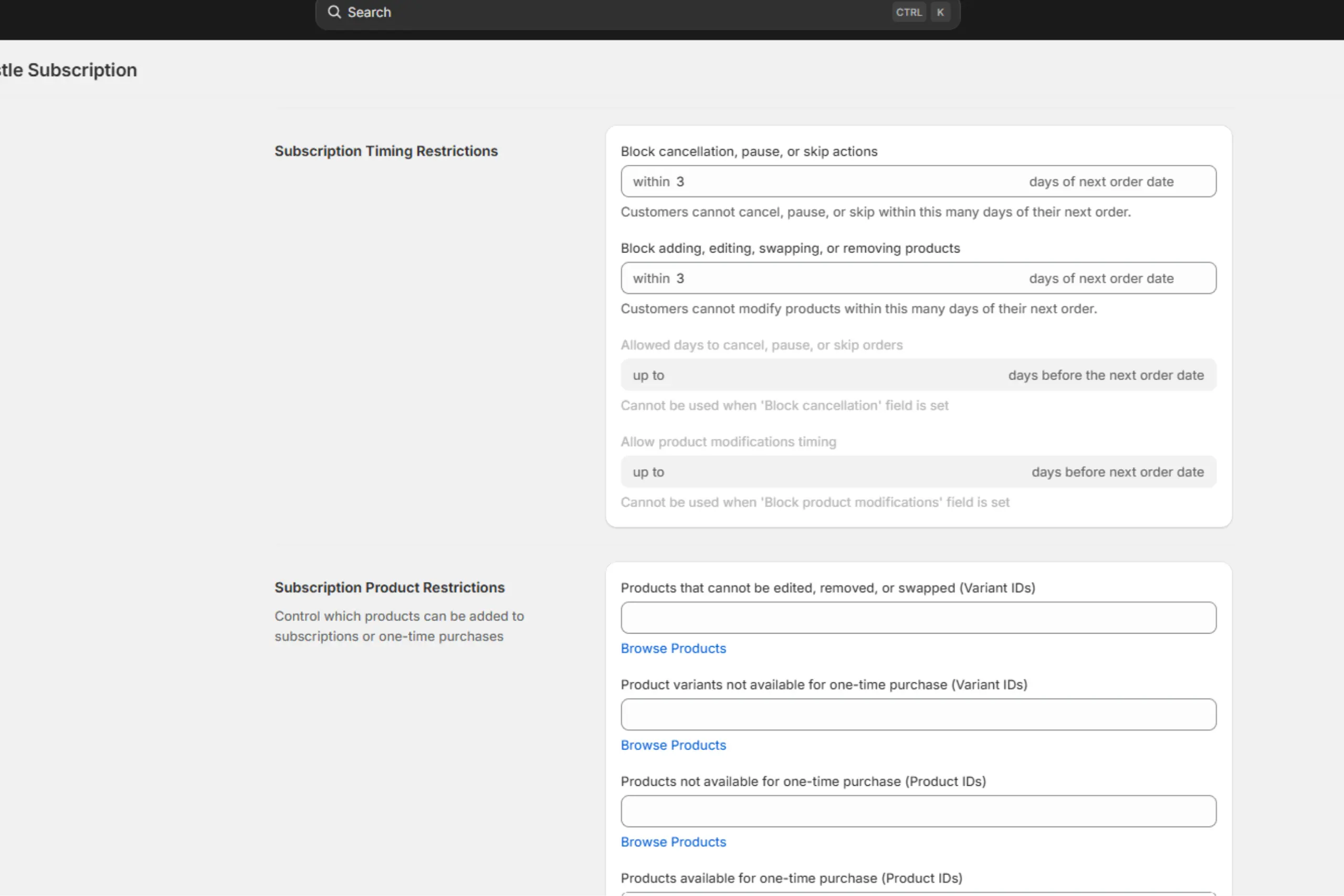 How to restrict changes to subscriptions in shopify appstle